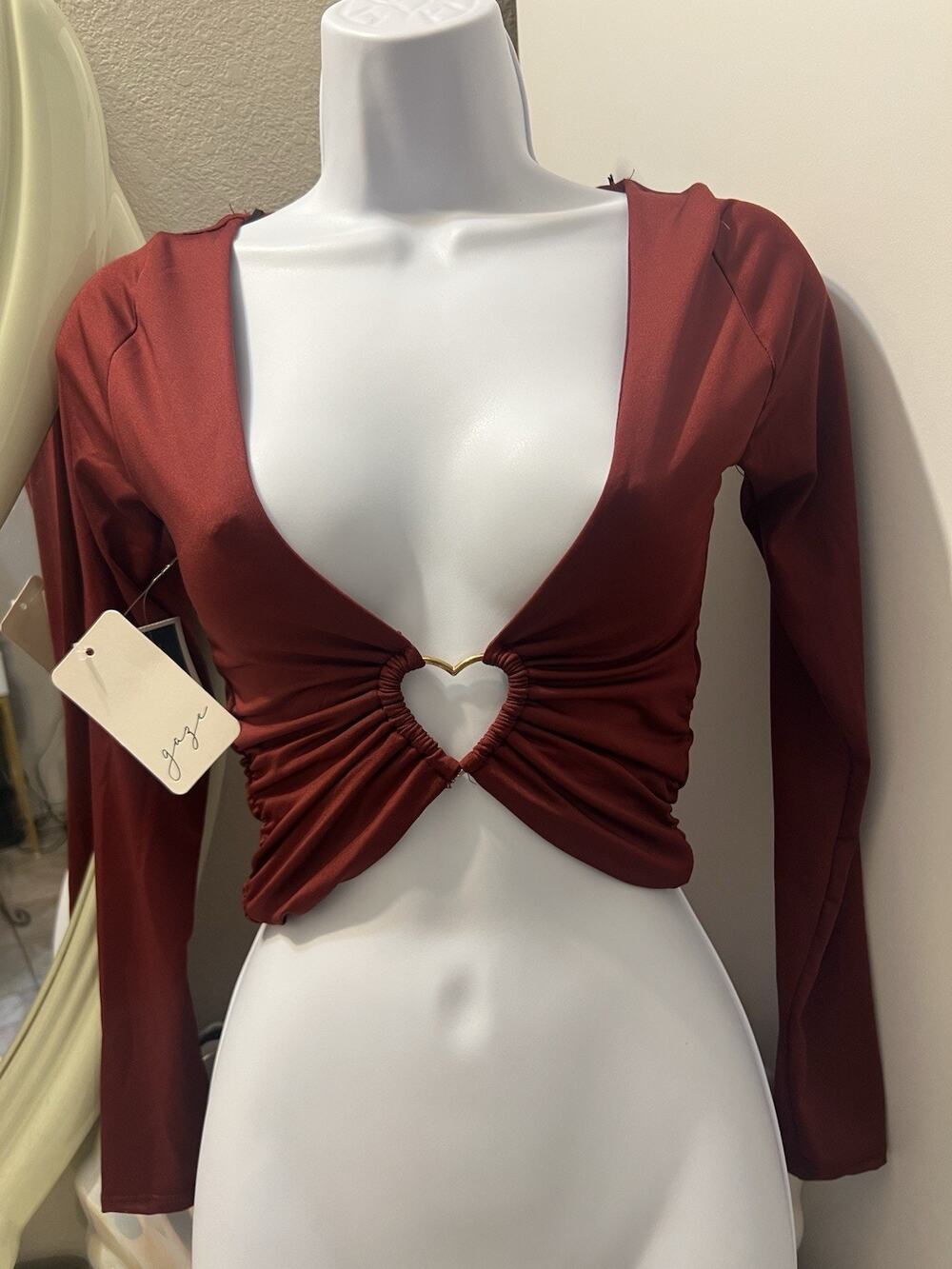 Glaze Long Sleeve Crop Top Metal Heart V-neck Design Size S Women's New